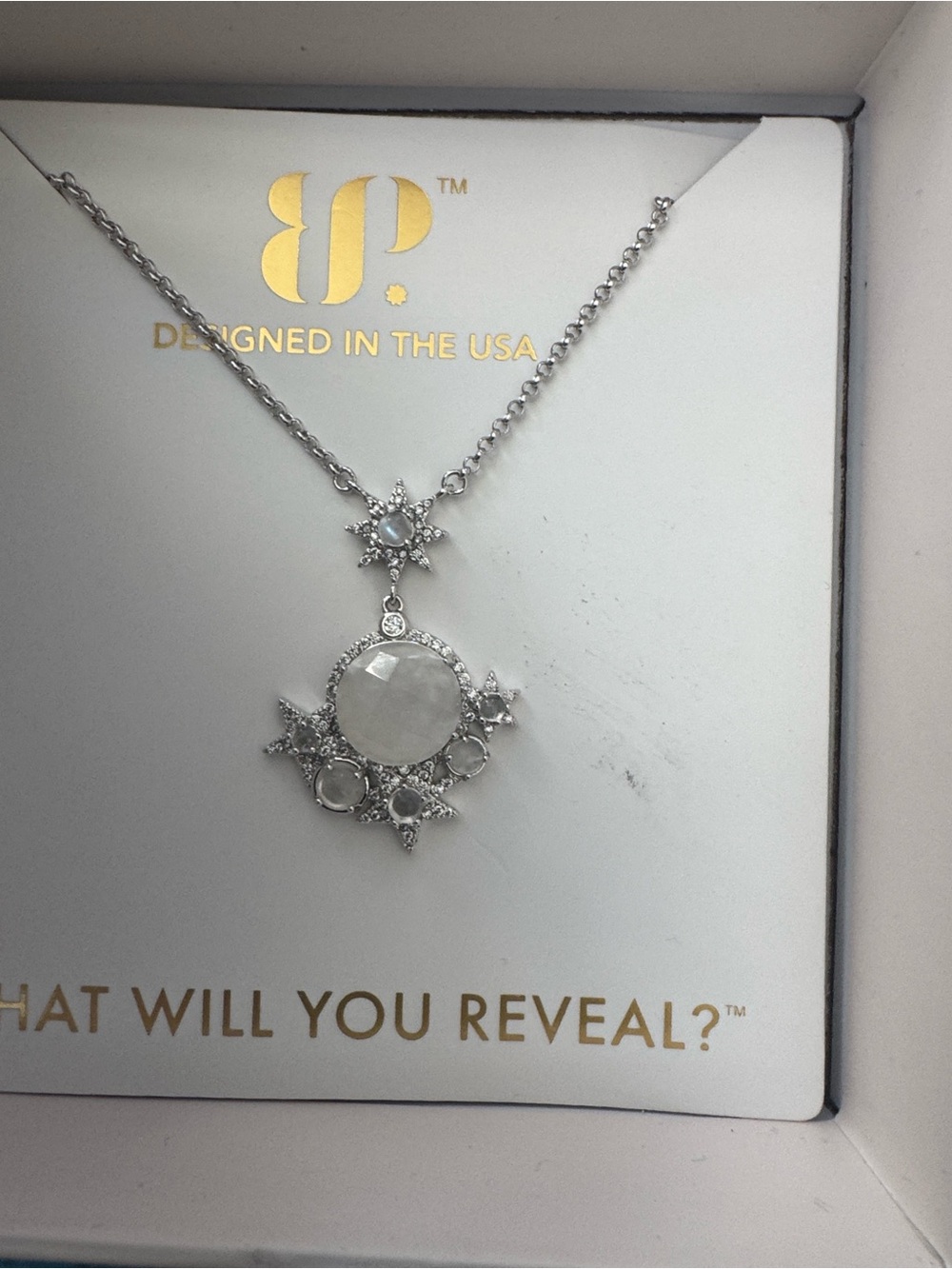 bp Silver Moonstone & Crystal Sunburst Pendant Necklace